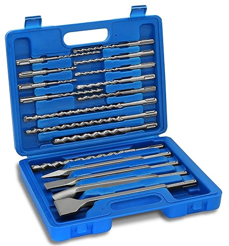 GMTOOLS 17-teiliges Bohrer- und Meißel-Set, SDS Plus Hartmetallbestückt für Beton, Mauerwerk, Loch-Werkzeug-Bohrer und Meißel-Set für Beton, Stein, Ziegel, mit tragbarer Aufbewahrungsbox