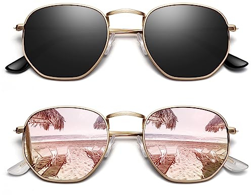 Sunier Sonnenbrille Damen Herren Polarisiert,Mode Apace Polygon Sonnenbrille Damen, Ultraleichter Sechseckige Metallrahmen 100% UV400 Schutz