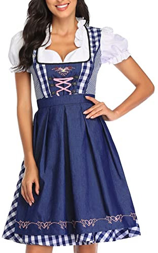 Dirndl Damen Midi - Trachtenkleid Hochgeschlossen Dirndlkleid Trachten Kleid + Dirndlbluse Blau Trachtenmode Dirndelkleider Dirndl & Dirndl-Sets für Frauen Mädchen Oktoberfest Outfit