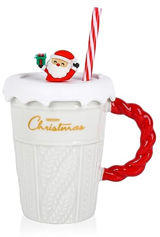 TSLBW Weihnachten Kaffeetasse 400ml Keramik Kaffeetasse Tee Tasse Milch Tasse mit Deckel und Strohhalm, Cute Xmas Couple Cup für Geburtstag Weihnachten Mädchen Jungen Geschenke (Weiß)