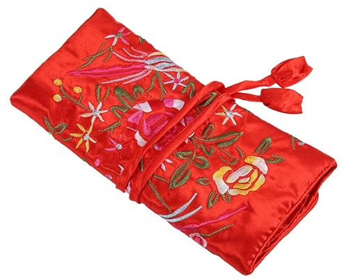 Amosfun Rote Schmuckrolle aus Seide und Satin mit Chinesischer Blumenstickerei 1 Großes Fach und 3 Kleine Reißverschlusstaschen für Reise und Alltag