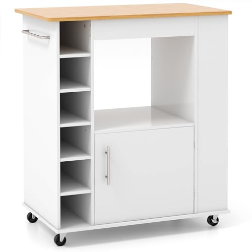 COSTWAY Kitchen Storage Trolley on Wheels, Rolling Kitchen Island with Cabinet, Open Shelf, 6 Wine Holders, Bamboo Worktop, 3 Spice Racks & Towel Rack, Utility Storage Cart for Dining Room (White)