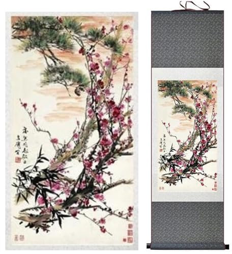 Kakemono Fleurs de cerisier - Peinture traditionnelle asiatique - Kakemono Feng Shui - Impression sur soie - Tableau déco - Décoration murale Feng Shui
