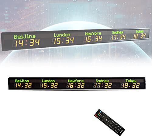 WYRMB Horloge Mondiale Horloge LED numérique à 5 fuseaux horaires, Horloge Mondiale à 5 Villes, Compte à rebours d'horloge Murale à LED pour Bureau/Maison/Salon/école