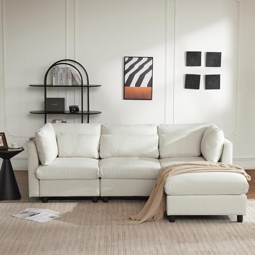 DRIXNO Sofa Couch L Form mit Schlaffunktion,3-Sitzer-Sofa Wohnzimmersofa, Sofa mit Chaiselongue, Ecksofa mit Fußstütze, Jugendsofa Beige