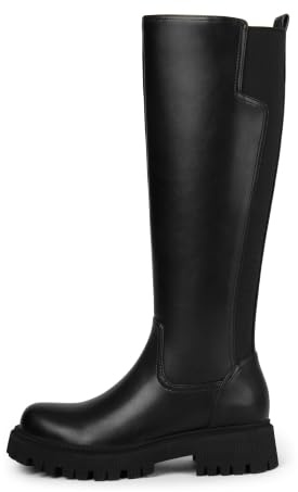 TEAIEU Knee High Boots for Women, Platform Chunky Block Low Heel Tall Boots, Round Toe Side Zipper Fall Long Boots for Dress, Stretch Calf, Comfortable, Black, Size 9