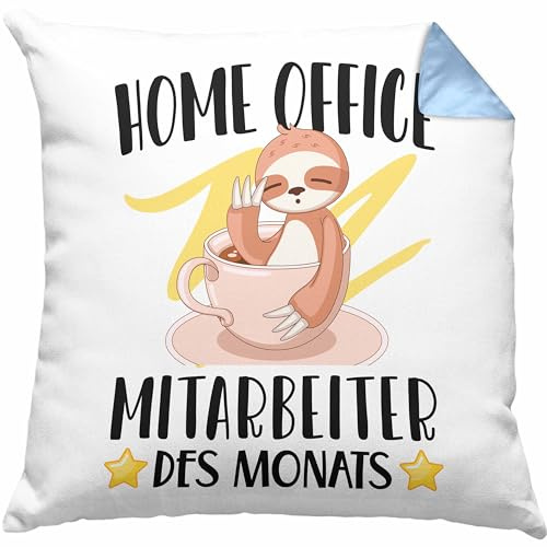 Trendation Home Office Geschenk Kissen mit Füllung 40x40 Homeoffice Zubehör Gadget Geschenke Männer Frauen Lustig Mitarbeiter des Monats (Blau)