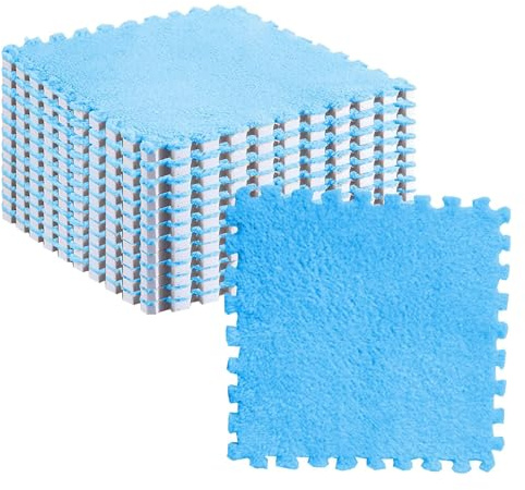 10 Stück Plüsch-Puzzle-Bodenschaummattenfliesen, Flauschige, Schneidbare, rutschfeste, Ineinandergreifende Teppichfliesen (Himmelblau)