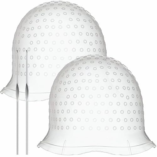 2 Sets Highlighting Cap with Hook, Silicone Highlight Cap, Hair Cap for Highlight Bleach Cap, Hair Dye Cap with Holes, Highlight Caps for Dying Hair, Hair Highlight Kit for Home and Salon Use(White)