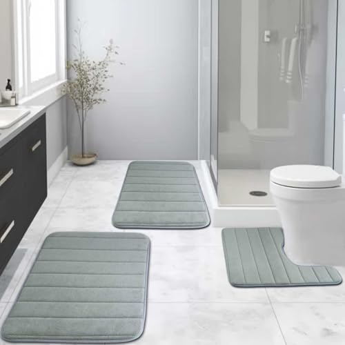 NAKIHOUSE Memory Foam Bath Mat Set, 3 Piece Non-slip Bath Mat, Convertible Absorbent Water Resistant Bath & Toilet Mat Set (Light Gray, 40 * 60 + U50*50 + 50 * 80cm)