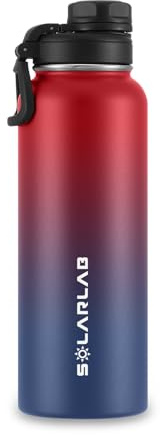 SOLARLAB Botella isotérmica de acero inoxidable – Botella isotérmica de 1 l – Libre de BPA – Botella de agua apta para bebidas frías y calientes, deportes, acampada (rojo + azul oscuro, 1200 ml)