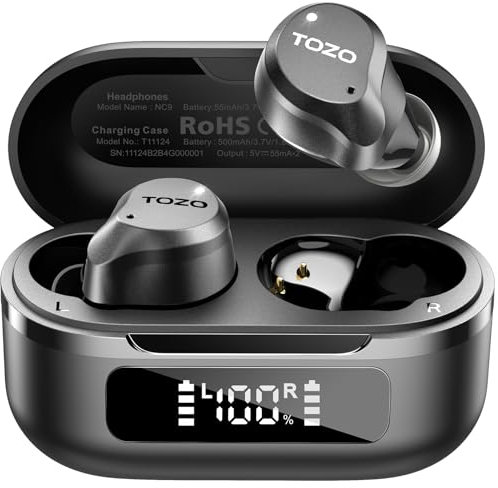 TOZO NC9 Hybrid Active Noise Cancelling Earbuds, 45dB ANC Wireless Earbuds, 6-Mic ENC for Clear Calls, Deep Bass, 59H Playtime, IPX8 Waterproof, Bluetooth 5.3 Ear Buds with App for Custom EQ