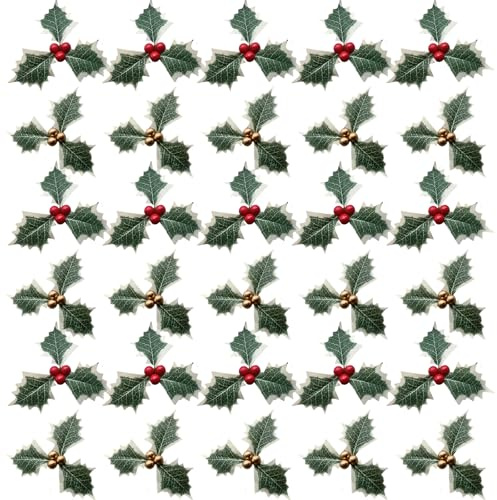 Elepl 30 Stück Stechpalme Deko Künstliche Stechpalmen Roten Golden Beeren Weihnachten Beeren mit Grünen Blättern Stechpalmenblätter DIY Tischdekoration Geschenkanhänger Hochzeitsfeier Weihnachtskranz