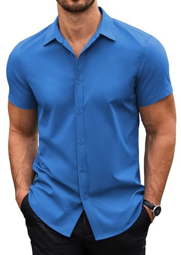 COOFANDY Shirts for Men Adult Short Sleeve Shirts Non Iron Dress Shirts for Men Summer Casual Shirts Formal Shirts Button Down Shirt Work Office Ocean Blue XL