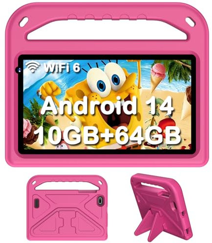 DMOAO Tablette 7 Pouces, Tablette Android 14 avec 5G Wi-FI 6, 10Go RAM+64Go ROM(TF 1To), Tablette Tactile Octa-Core, Widevine L1, 3500mAh, Contrôle Parental Tablette avec EVA Cas,Rose
