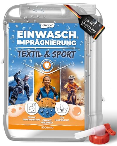 Zum Einwaschen - Imprägnier Waschmittel Qindoo für Textilien, Sport Outdoor-Bekleidung und Beruf per Handwäsche oder Waschmaschine, mit Hahn (5 Liter)