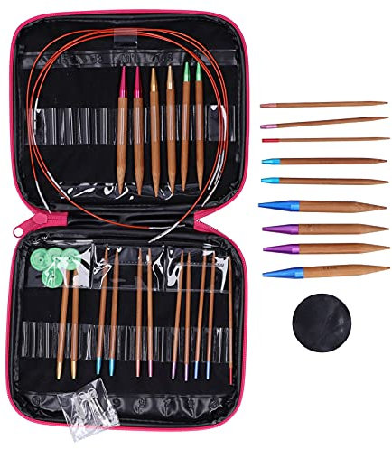 Respicefinem Bamboo Knitting Needle Set Carbonized Bamboo Aluminum Alloy Circular Double Pointed Needles with Detachable Cables for Household