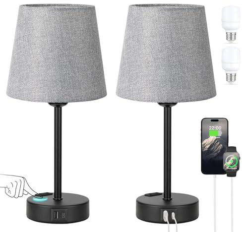 Kakanuo Nachttischlampe Touch Dimmbar 2er Set, Tischlampe mit Ladefunktion USB A+C-Anschlüssen Steckdosen 2 LED Birnen, Graue-Lampenschirm, Kleine Lampe für Schlafzimmer Wohnzimmer Babyzimmer Büro