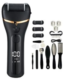 Elektrischer Hornhautentferner, USB Wiederaufladbarer Hornhautentferner mit 3 Ersatzrollen, Elektrische Fußpflege Fußfeile Hornhaut LED Licht (Black)