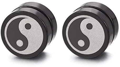 10MM Magnetico Argento Nero Cerchio Yin Yang Orecchini da Uomo, Click-on Finto Dilatatore Fake Piercing Plug