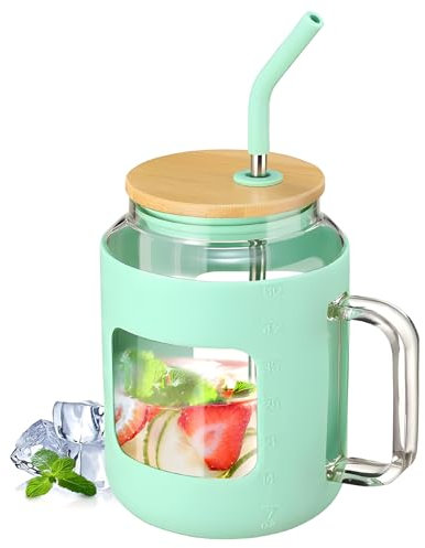 Tomotato Gobelet en verre avec paille et anse, 1,4 l, réutilisable, avec pailles et couvercles en bois, gobelet à large ouverture pour café glacé, thé, smoothies, cocktails (Bleu)