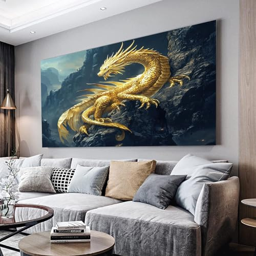 MKBKLI Wandbilder Dekoration Wohnzimmer Goldener Drache Bilder 80x160cm | auf Leinwand Leinwandbild Schlafzimmer Küche Deko Wand Kunstdruck Art Groß XXL Wanddeko Bild Wall Decor Canvas