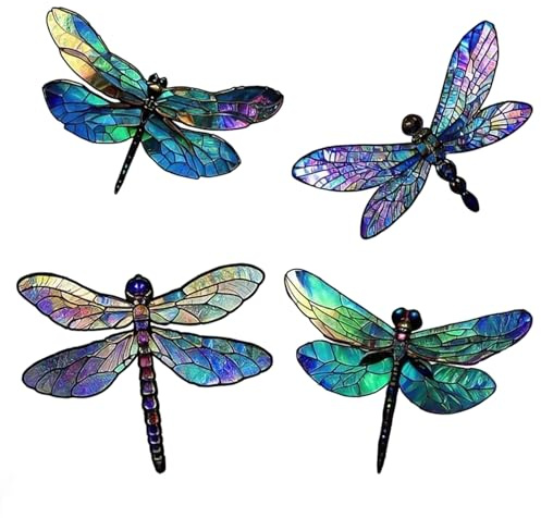 Leseogye 4 Pcs Garden Wall Art Outdoor, Dragonfly Garden Ornament, Fence Decorations, Wooden Dragonfly Wall Décor for Indoor Outdoor Courtyard Living Room Balcony Fence