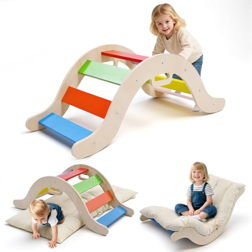 nmoiww Klettergerüst für Kleinkinder, Kletterleiter aus Holz für Kinder mit gemütlichem Kissen, Indoor-Montessori-Spiel-Fitnessstudio (Bunt)