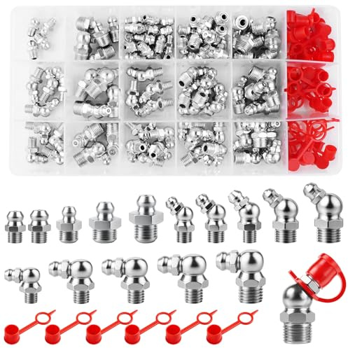Nadisean 134 Pezzi Set di Ingrassatori, Grasso Raccordo Assortimento M1/8 M1/4 M6 M8 M10, Ingrassatori Testine in Dritto e Angolato 45 °90 °180 °, con Coperchio Rosso, per Attrezzature Meccaniche