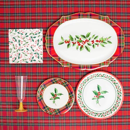 OH YEAH - Kit Vajilla Navidad 6 Personas Tartán - 53 Piezas - Platos, Vasos, y Servilletas Desechables - Temática Navideña - Cenas Navideñas, Reuniones Familiares y Fiestas de Fin de Año
