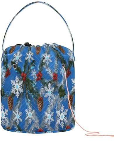 GuoChe Tannenzapfen und Schneeflocke Weihnachtsmuster (dunkelblau) Häkeltasche Garnaufbewahrung mit Löchern Nadelaufbewahrung für Kunstbedarf Häkelzubehör