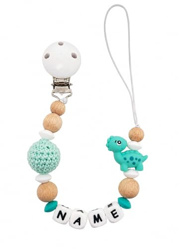 Individuell gestaltetes Babygeschenk personalisiertes Schnullerkette mit Namen für Mädchen oder Junge Baby Geschenk personalisiert zur Geburt & Taufe (Dinosaurier) (mint)