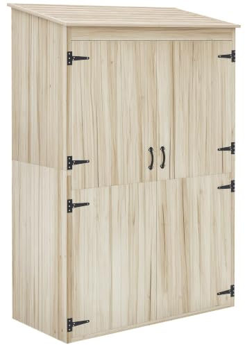Outsunny Armoire de Jardin en Bois 2 Portes 120 x 57 x 183 cm Bois Naturel | Magnétiques, 2 Étagères, Compartiment Droit Spacieux, Armoire de Rangement, Toit Incliné