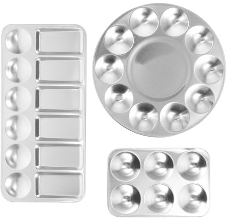 PERSELOSO Set da 3 Pezzi di Palette per Pittura in Alluminio Argento, Tonde e Quadrate, Facilità di Pulizia e Salvaspazio per Pigmenti ad Olio e Acquerello, per Schizzi