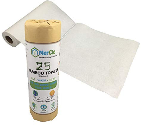 Toallas de papel lavables de bambú | 25 hojas reutilizables 28x30 cm | Lavable a máquina, super absorbente, super resistente | Embalaje sin plástico. Producto 100% ecológico. Cero desperdicio
