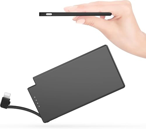Potente Power Bank da 5000mAh Ultra Sottile con Cavo di Ricarica Integrato, Batterie Esterne Portatili da 6.8mm per Smartphone, Tablet e Dispositivi Elettronici