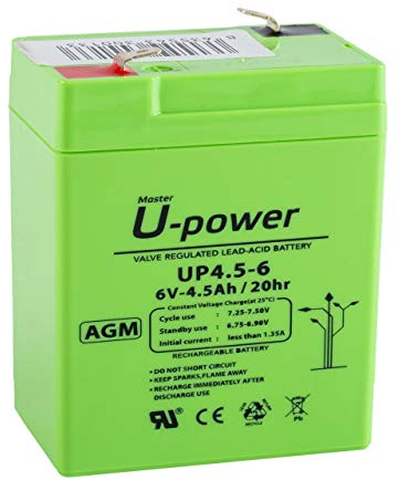 U-Power - Uppladdningsbart AGM-förseglat blybatteri 6 V 4,5 Ah - allmänt bruk som larm, UPS/SAI, säkerhet, leksaker, etc. - Faston F1 4,8 mm terminal