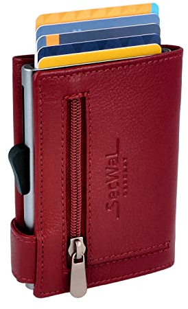 SecWal Kartenetui mit Münzfach Reißverschluss - Made in Germany - Echtleder Geldbörse inkl. E-Book für Damen und Herren - RFID Schutz Portemonnaie Leder - Geldbeutel klein (Rot)
