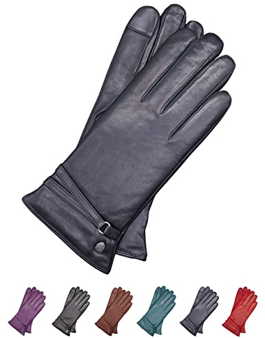 AKAROA ESTD 2019 Lederhandschuhe Damen ISA2, Touchscreen Funktion, italienisches Leder, recyceltes Strickfutter aus 50% Kaschmir und 50% Wolle, 4 Größen S - XL, marineblau, XL - 8,5