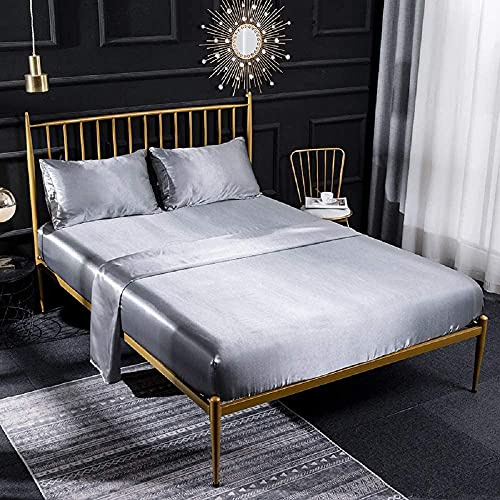 Set di Lenzuola in Raso da 4 Pezzi, Lenzuolo con Angoli in Raso Setoso, Lenzuolo Liscio, Set di Biancheria da Letto Grigio Chiaro, Tasca Profonda, Morbido, Leggero, Colore Solido, Splendido, Grigio