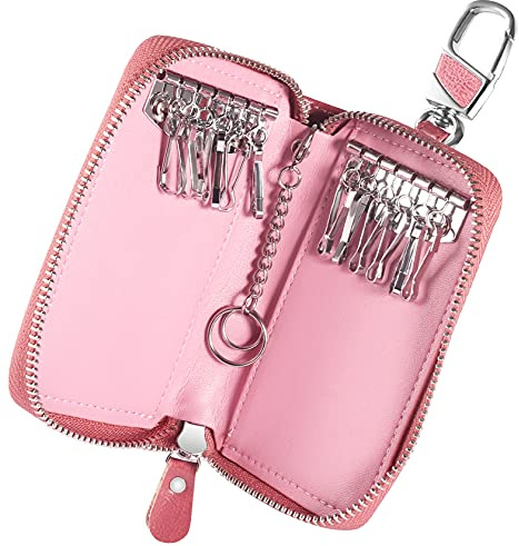 Foonii Etuis Porte Clés Cuir, Pochette Porte Clef Cuir Porte-Clé Voiture Porte-monnaie Sac à poche Sécurité Multifonctionnel Fermeture Éclair Classique Casual, avec 12 crochet Clip - Rose