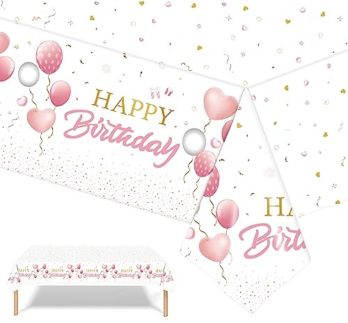 Pink Happy Birthday Disposable Table Cloth Table Cover for Girls Her, 137*274cm Birthday Rectangular Dining Tablecovers Plastic Tablecloths Large for Baby Girls Women Birthday Party Decorations