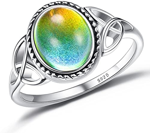ADRAMATA 925 Sterling Silver Mood Ring for Women Vintage Celtic Knot Rings Jewelry White 18K Gold Plated Handmade Oval Solitaire Ring Temperature Control Color Change Mood Rings Size 8