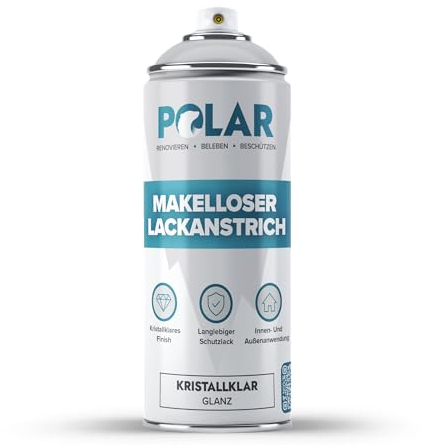 Polar Makelloser Klarlackspray - Glanzend - 400ml - Mehrzwecklack, unterschiedliche Materialien - schnell trocknend, haltbar und vergilbungsfrei - fur Kunststoff, Holz und Metall - drinnen/draußen