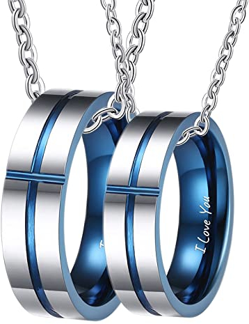 Bishilin Partnerkette Edelstahl mit Gravur I Love You, Pärchen Halskette Ringe Kreuz 6MM Charms Anhänger Kette Silber 60CM