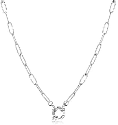 Collana da donna lunga da maglie fini e da un piccolo anello. Collana in acciaio da donna placcato oro o argento. Collane lunghe donna particolari. Gioielli a catena in acciaio (Argento placcato)