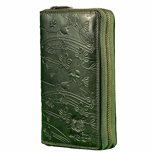 MATADOR XL Karten Portemonnaie Geldbeutel Damen Leder Groß #GIRONA mit edler Geschenk Box, Portmonee Geldbörse Damen Gross mit RFID Blocker, Geldtasche Brieftasche, Damenportemonnaie Blumen Grün