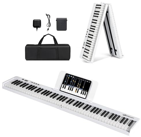 Maxmass 88 Key Digital Piano, Folding Electric Keyboard with Music Stand, Sustain Pedal, Split Function, Bluetooth/MP3/USB/MIDI,Carry Bag, Full Size Musical Piano for Beginners Adults (White)