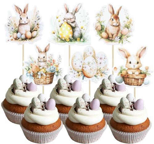 Ephlyn36Pcs Easter Bunny Cupcake Toppers Happy Easter Cupcake Picks 1st Birthday Cake Decorations for Easter Theme Spring Birthday Baby Shower Party Supplies