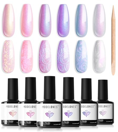 Modelones UV Nagellack 6 Farben Gel Nagellack UV Rosa Hellrosa Hellviolett Lila Blau Weiß Perle Effect Gel Nagellack mit Stick den Kreis zeichnen für Sommer